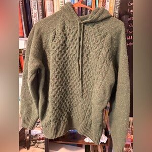 Aran Sweater Market Wool Cable Knit Hoodie Green Made in Ireland Size S